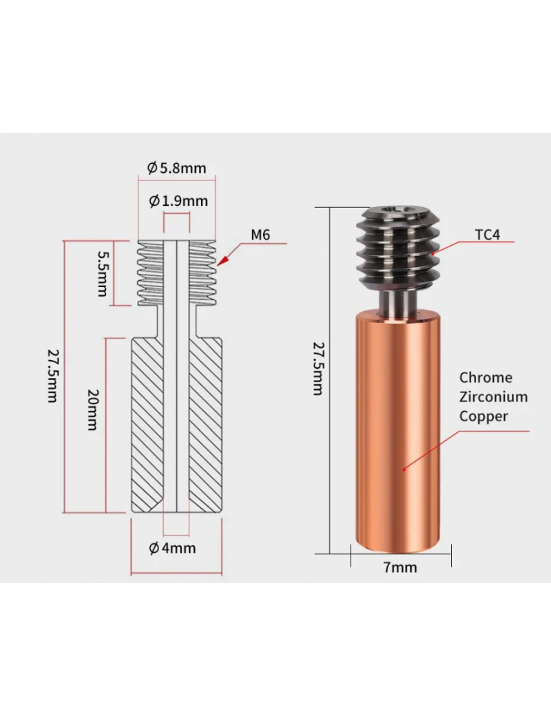Bi-metal Throat Heat Break for CR10/Ender3 (M6)