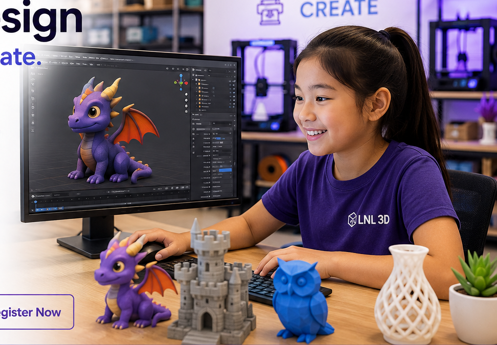 Student learning Blender 3D design at LNL 3D