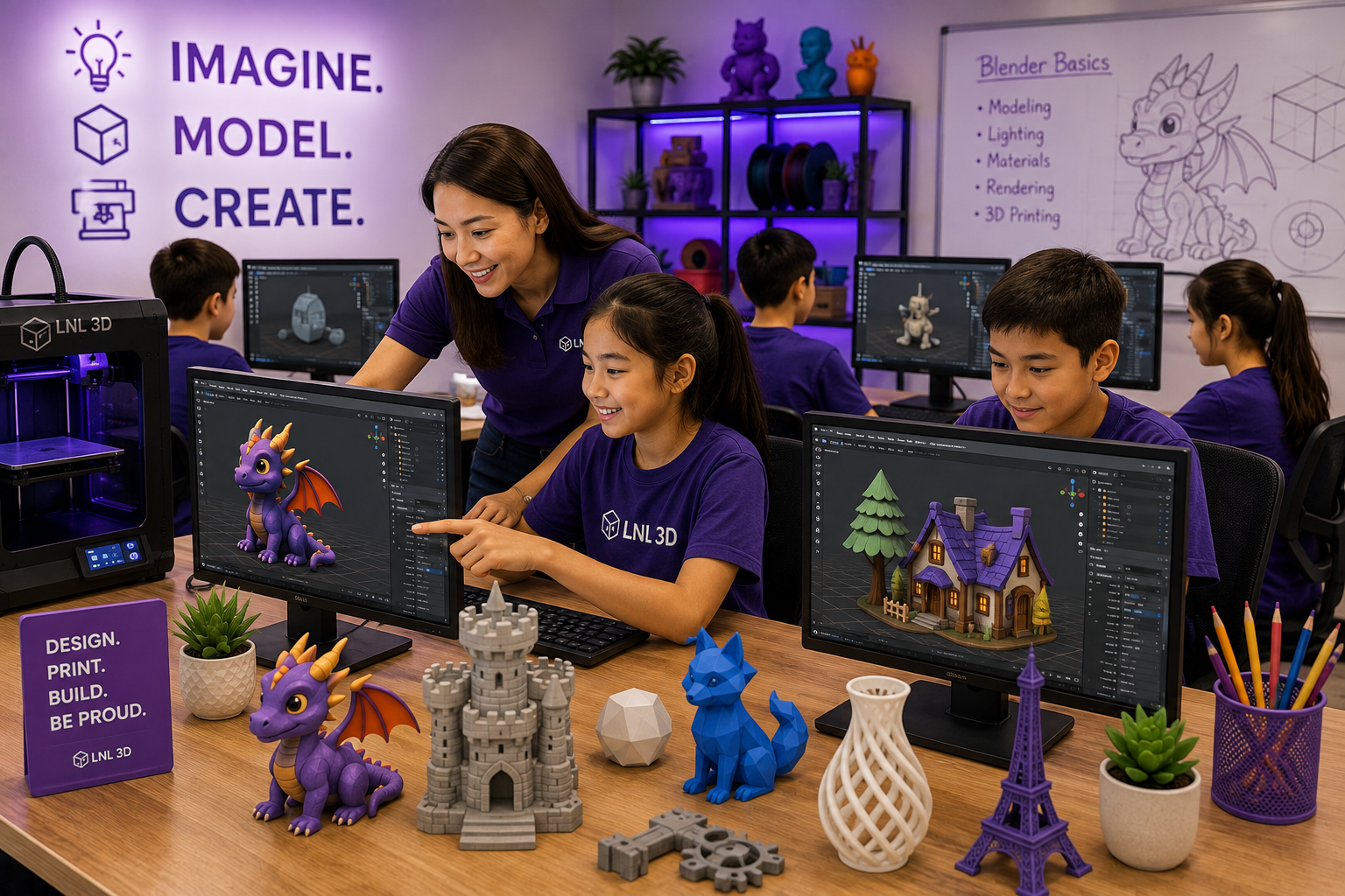 Instructor teaching students Blender 3D design at LNL 3D