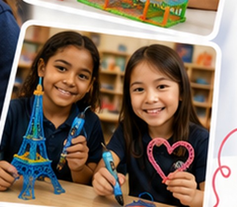 Students showing creative 3D pen projects