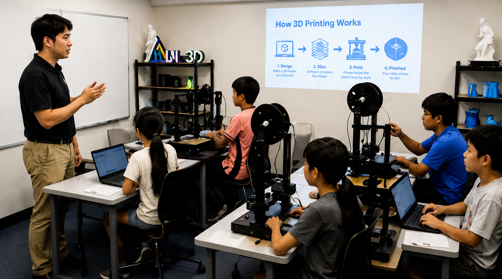 Instructor teaching students 3D printing at LNL 3D