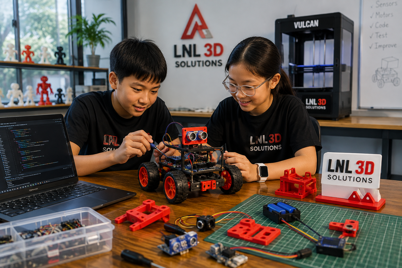 Students building and programming a robot at LNL 3D