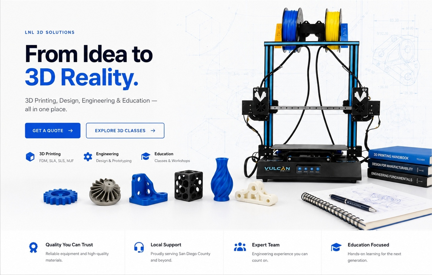 LNL 3D Solutions homepage featuring the Vulcan 3D printer, printed engineering parts, education resources and service navigation