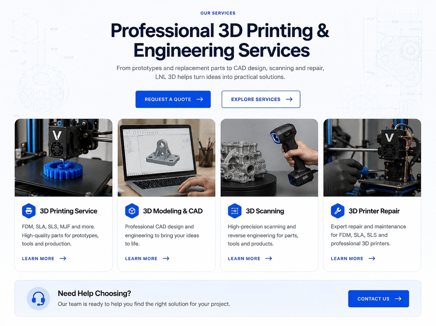 Professional 3D Printing and Engineering Services including printing, CAD, scanning and repair