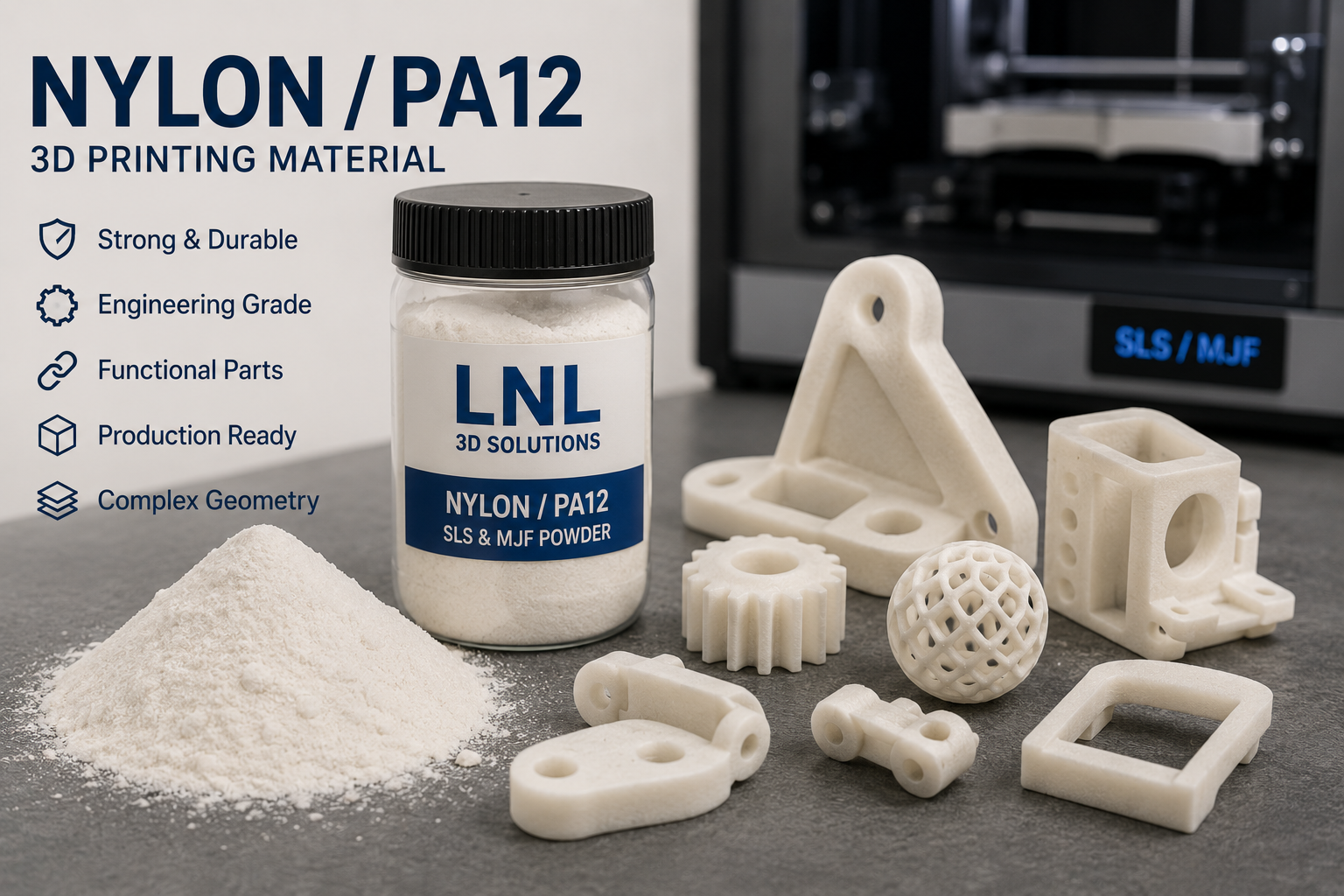 Nylon PA12 3D printing material and functional printed parts