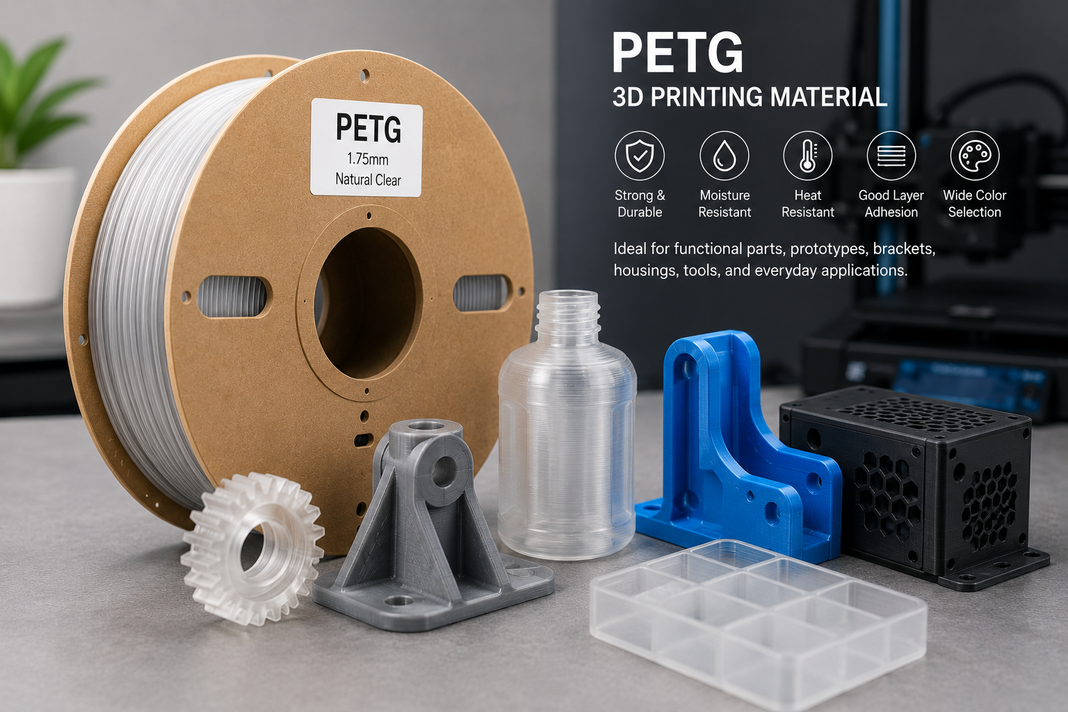 PETG filament and functional PETG 3D printed parts