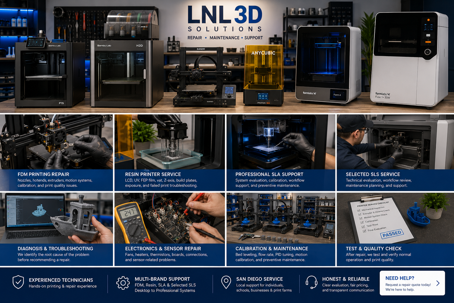 Multi-brand 3D printer repair service for Bambu Lab FDM resin SLA and professional printers in San Diego