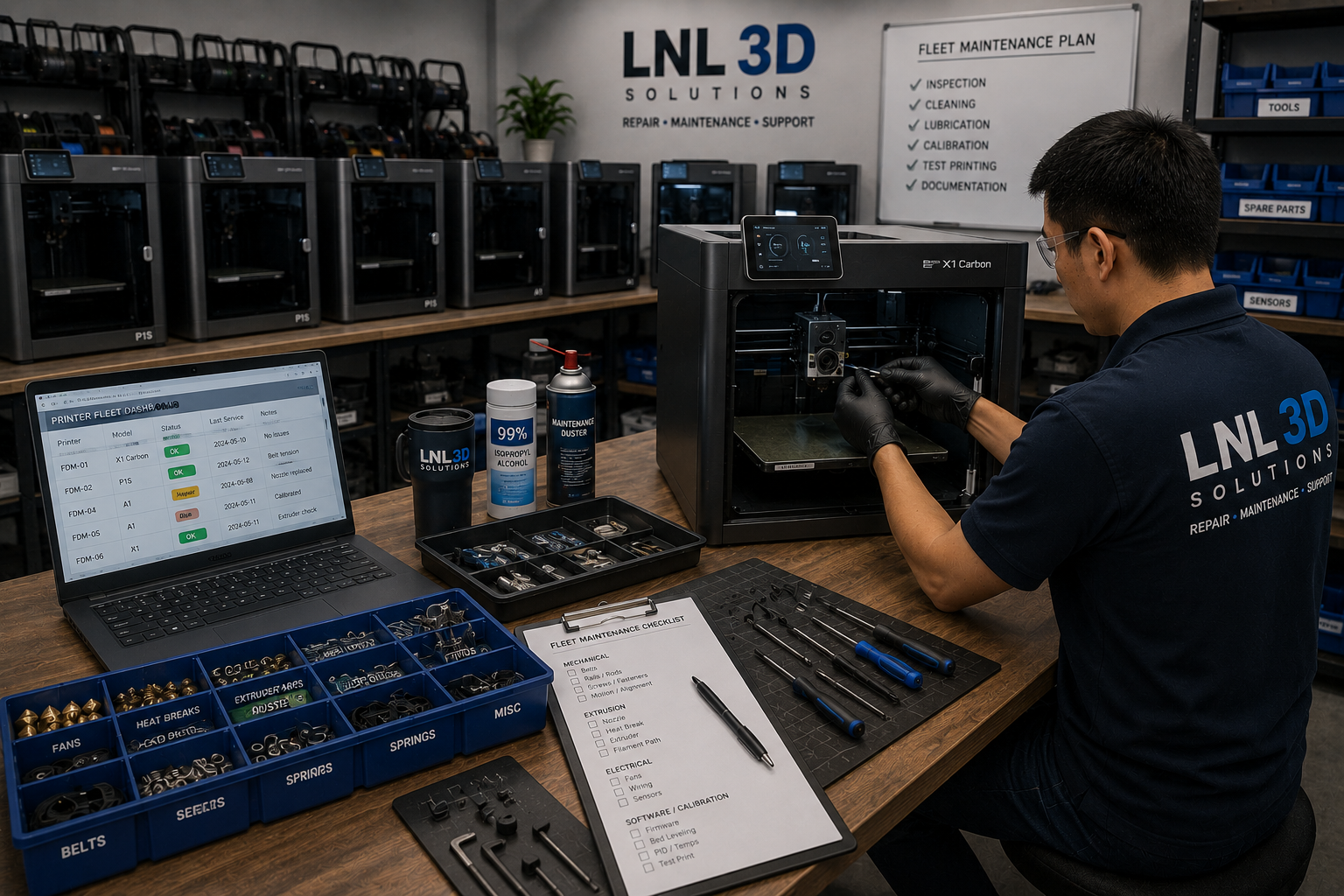 Commercial 3D printer fleet maintenance for schools businesses and print farms