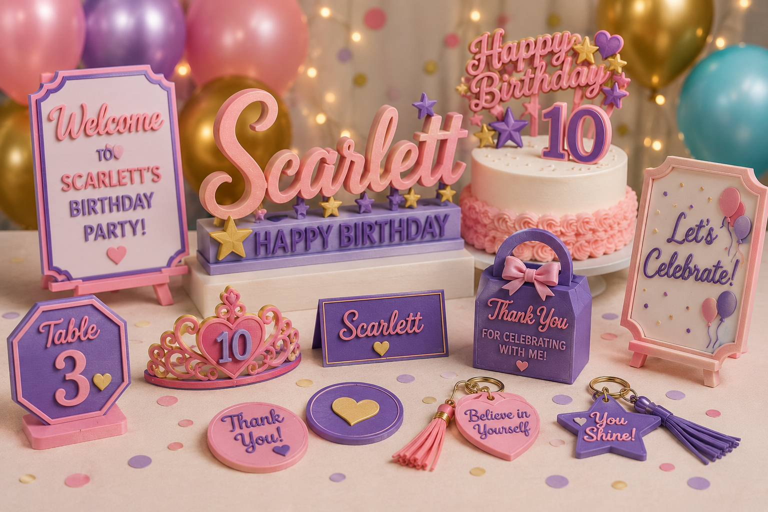 Custom 3D printed birthday cake toppers name signs favors and party decorations