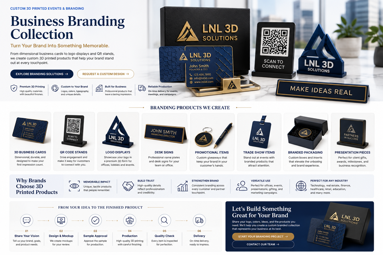 Custom 3D printed business cards logo displays QR stands and branded products