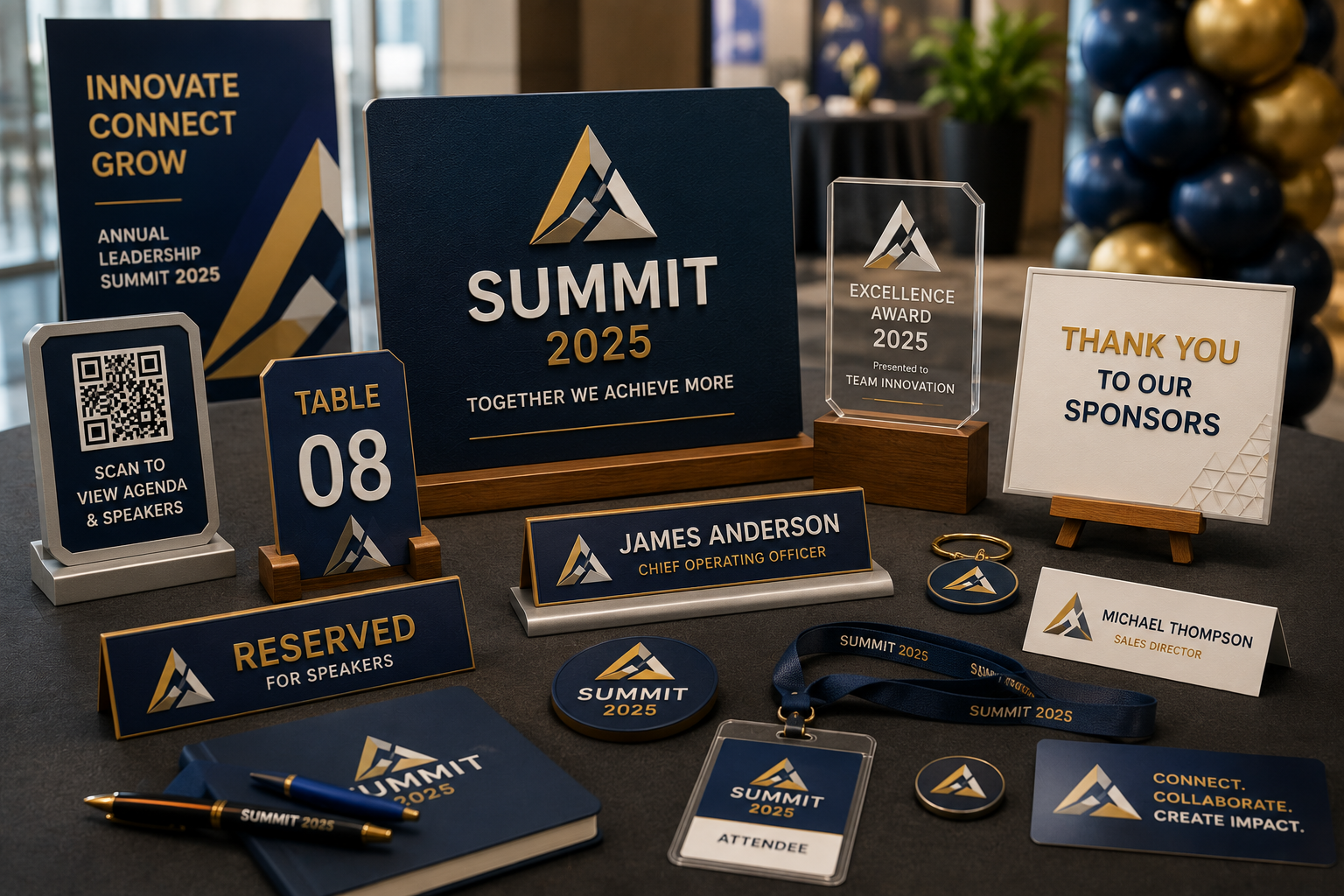 Custom corporate event awards sponsor signs displays and branded event products