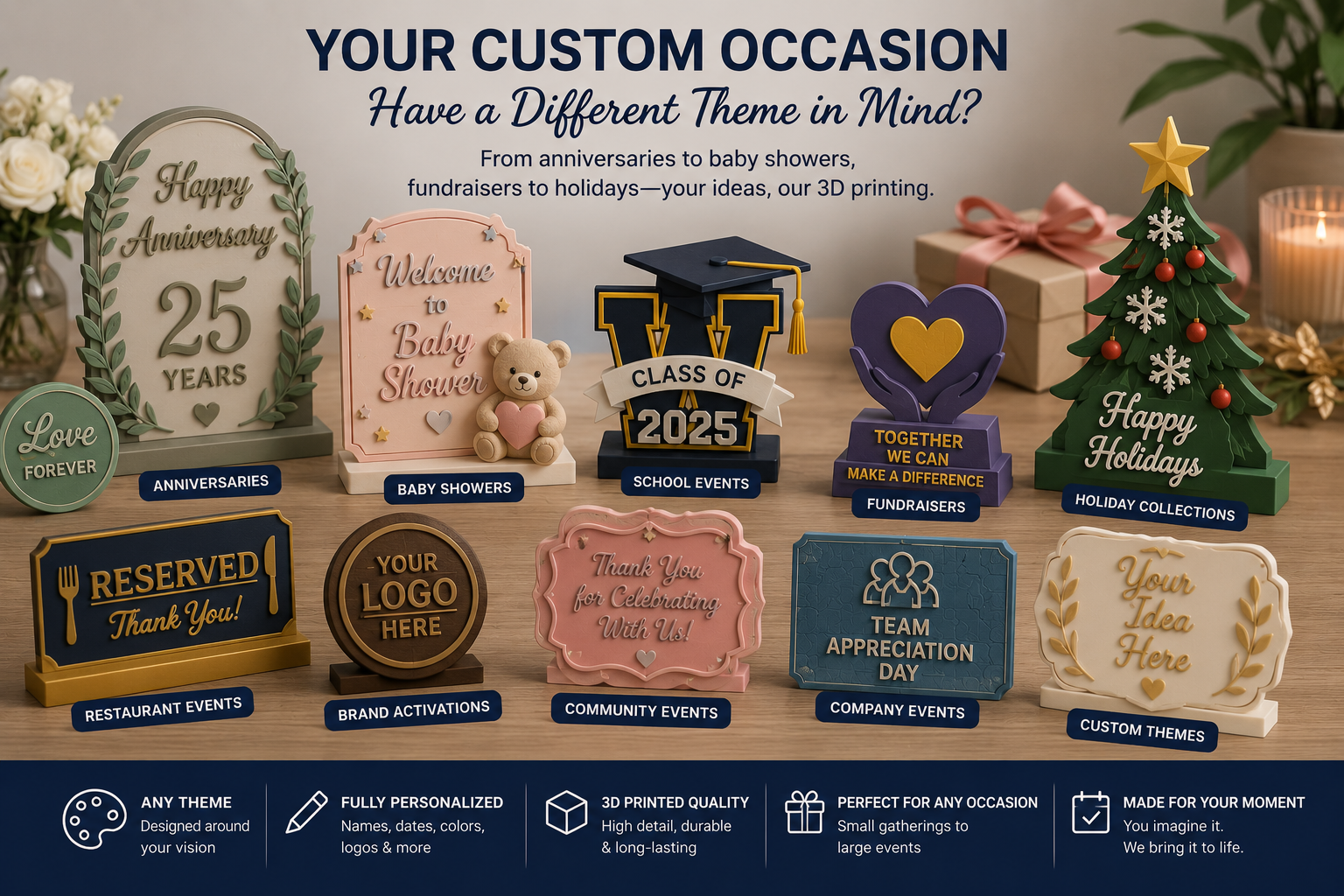 Personalized 3D printed products for anniversaries baby showers school and community events