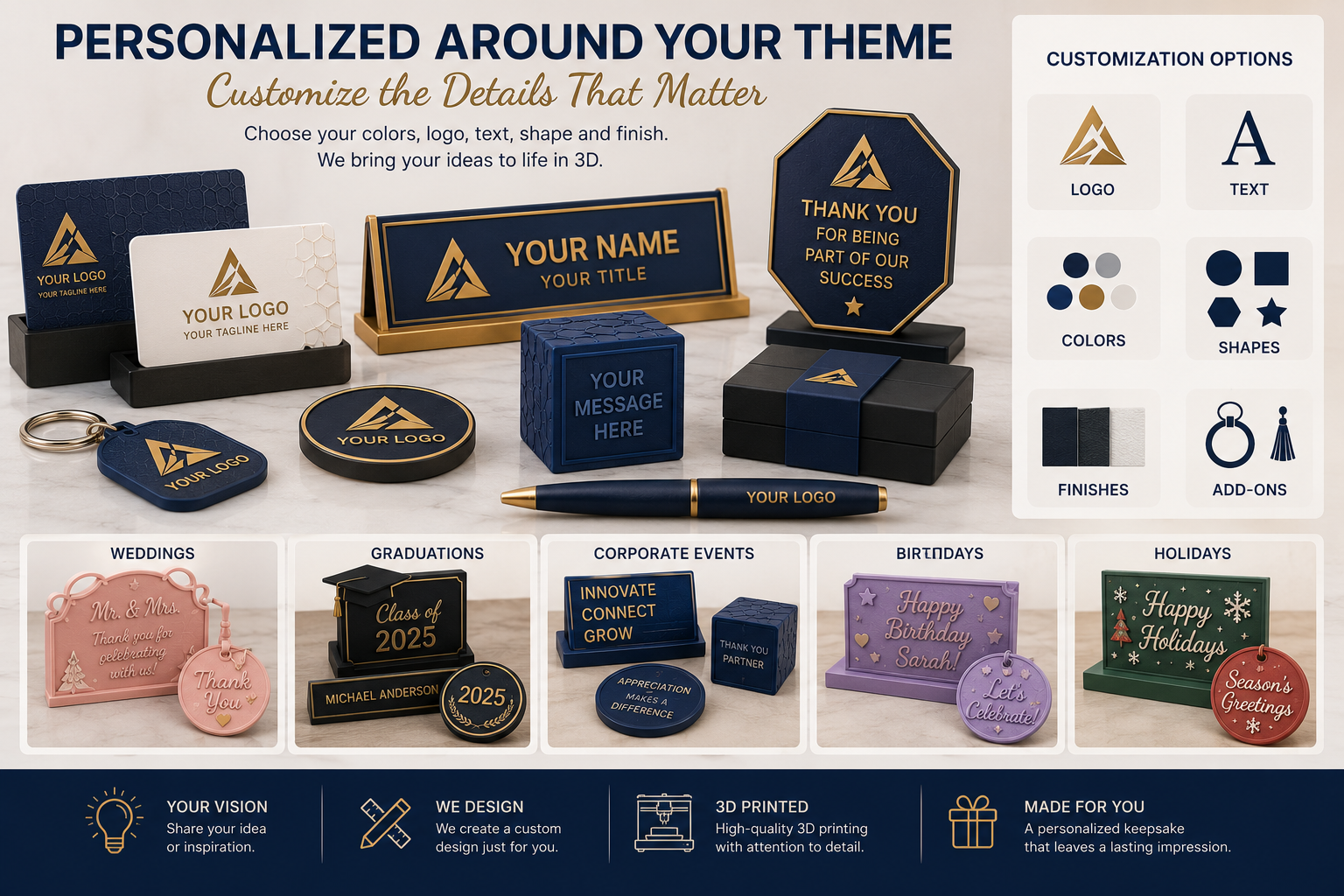 Personalized 3D printed colors logos names dates and event branding options