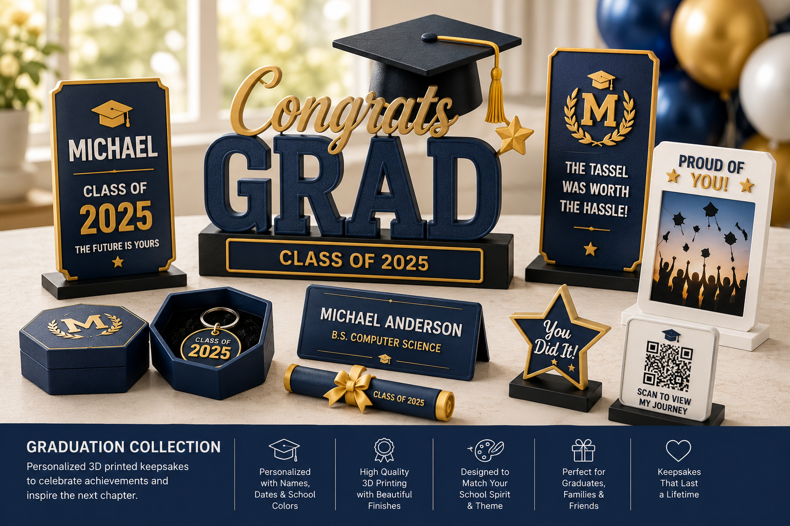 Custom 3D printed graduation name sign class year display and decorations