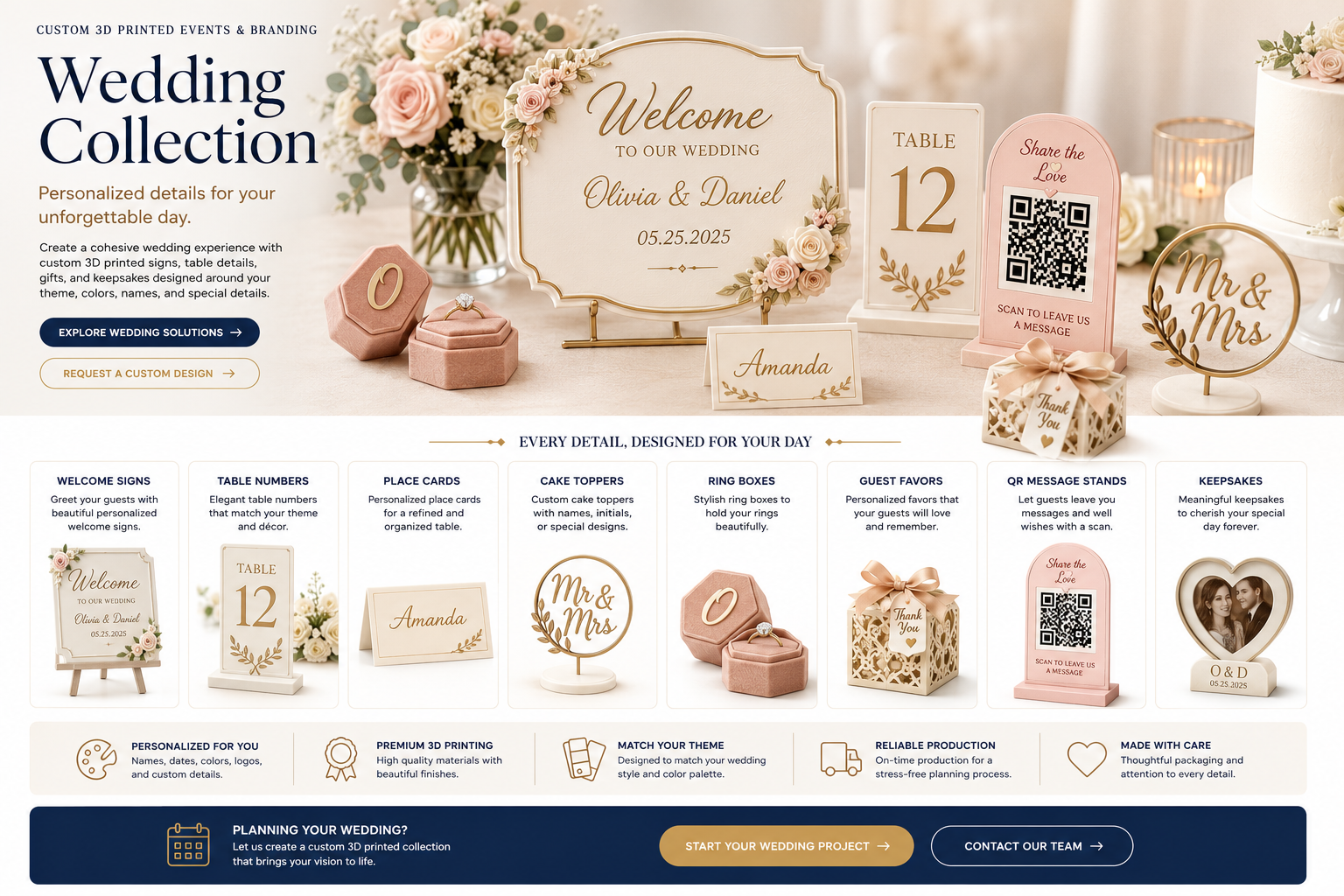 Custom 3D printed wedding signs table numbers place cards and favors
