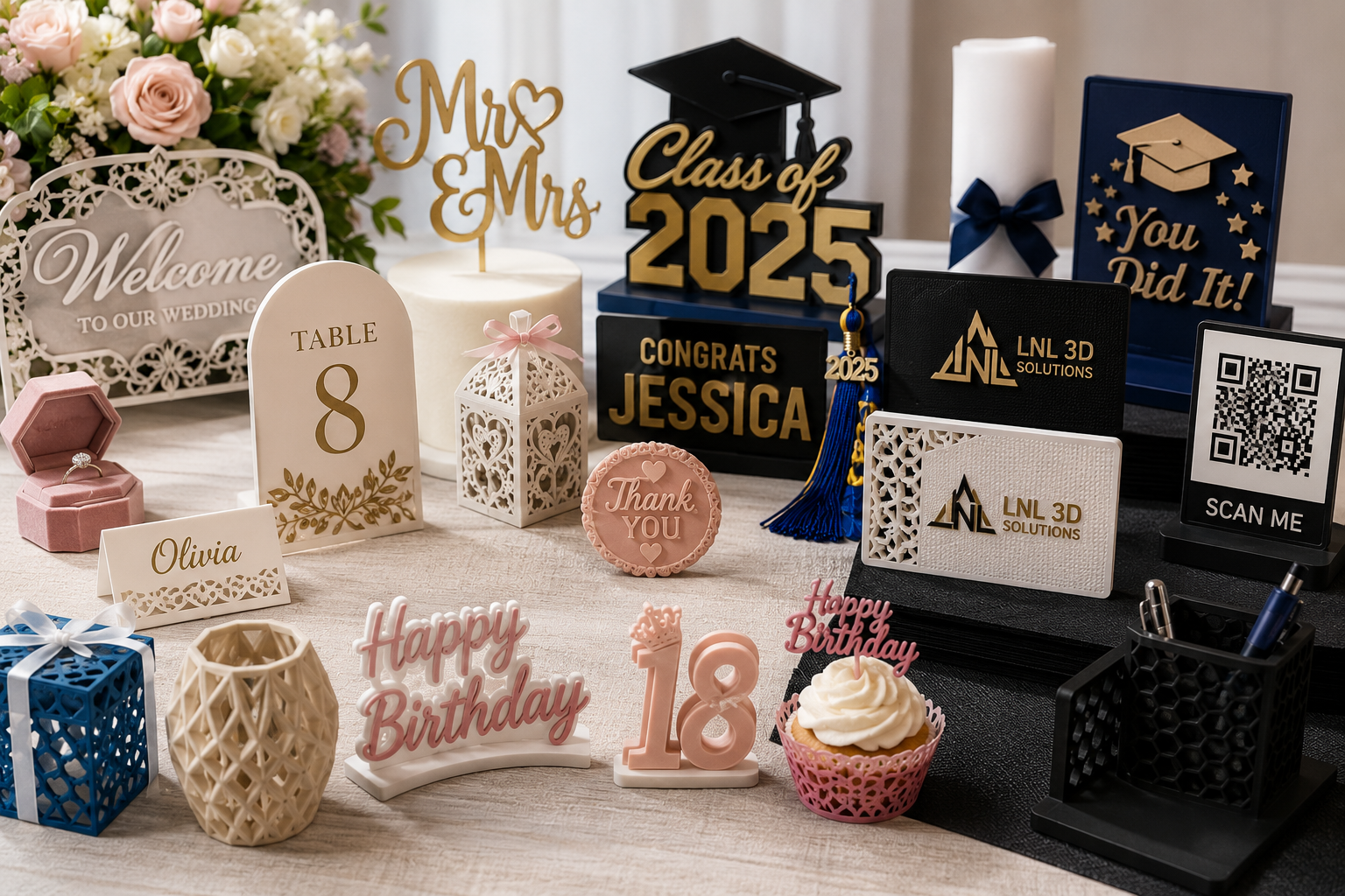 Custom 3D printed wedding graduation business branding and event products