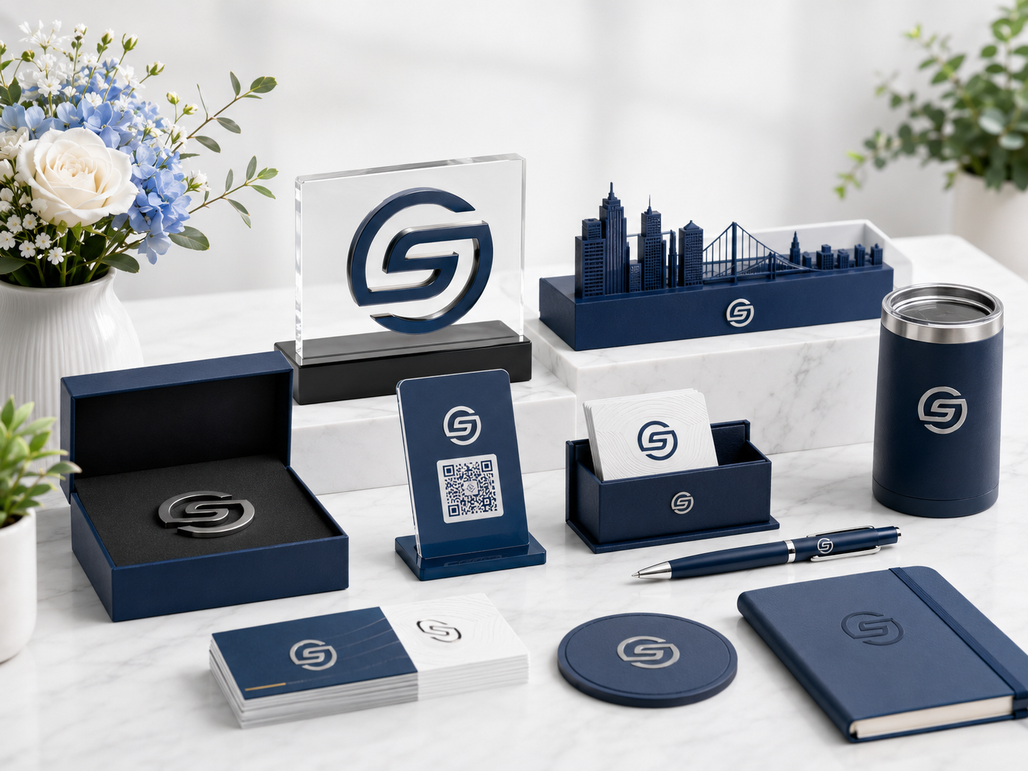 Custom 3D printed business cards logo signs QR displays and branded promotional products