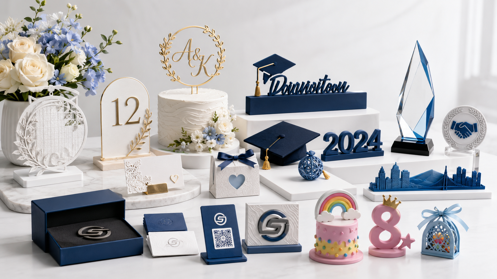 Custom 3D printed wedding graduation birthday corporate and business branding event collection